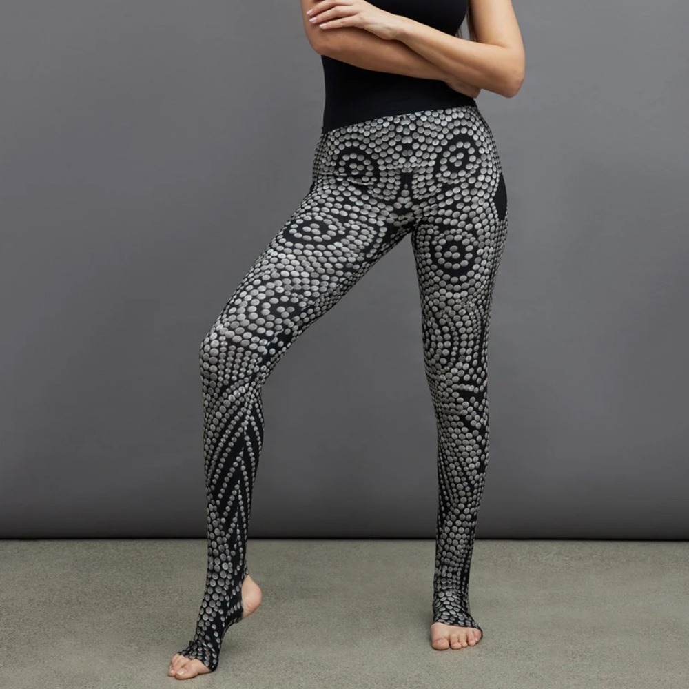 Silver Metallic Dot Stirrup Yoga Leggings Black High Rise Open Toe Pilates